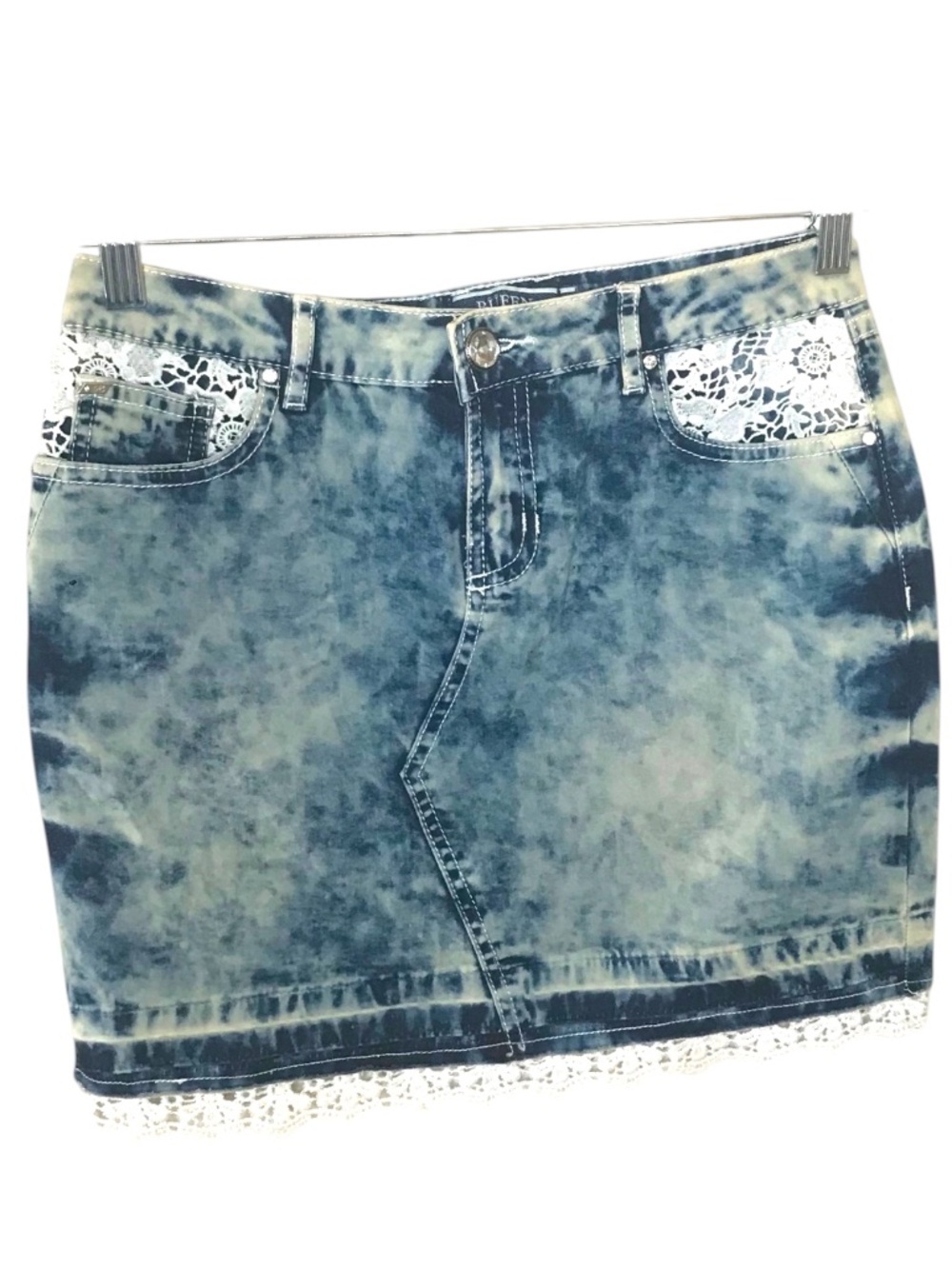Rufen Acid Wash Denim Mini Skirt Lace Trim Size 28 Y2K Blue Jean Skirt